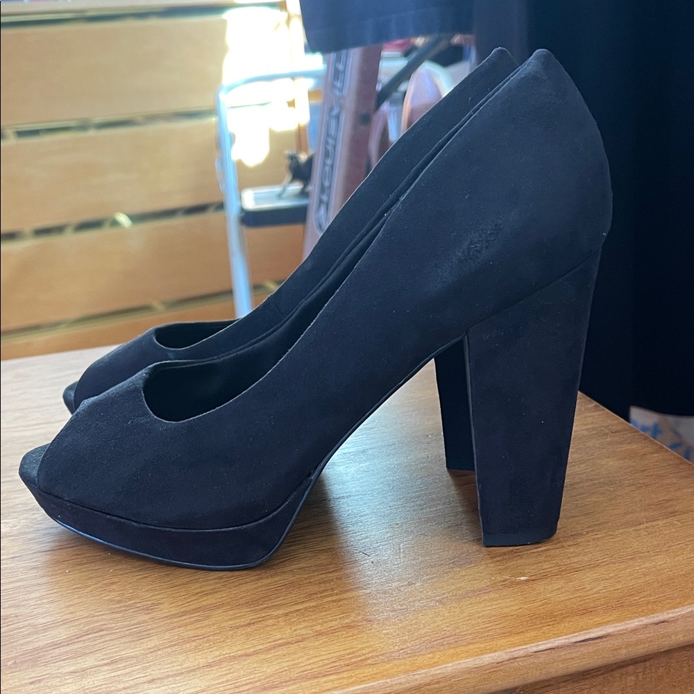 H&M Black Suede Feel Peep-Toe Heels